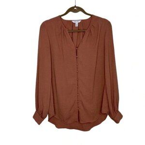 Nine West Blouse Women’s Medium Light Rust Button Up Soft Button Cuff V-neck